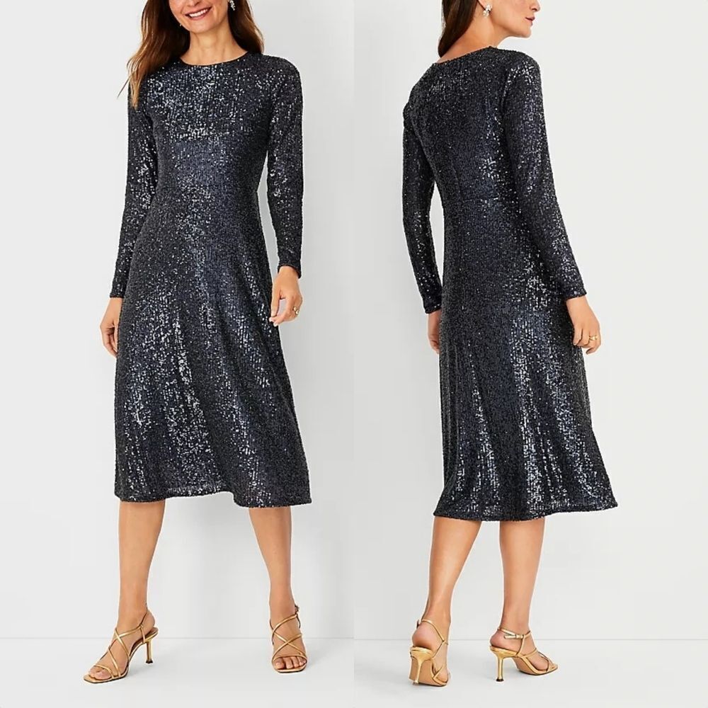 Ann Taylor Sequin Midi Flare Long Sleeve Party Dress in Navy